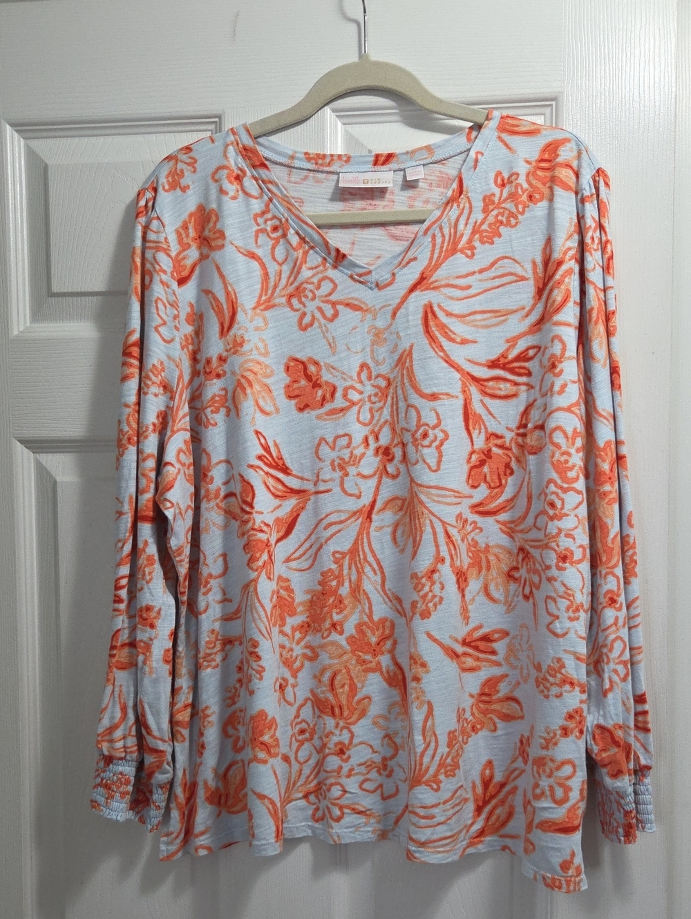 Belle by Kim Gravel White Long Sleeve V-Neck Top with Orange Floral Print